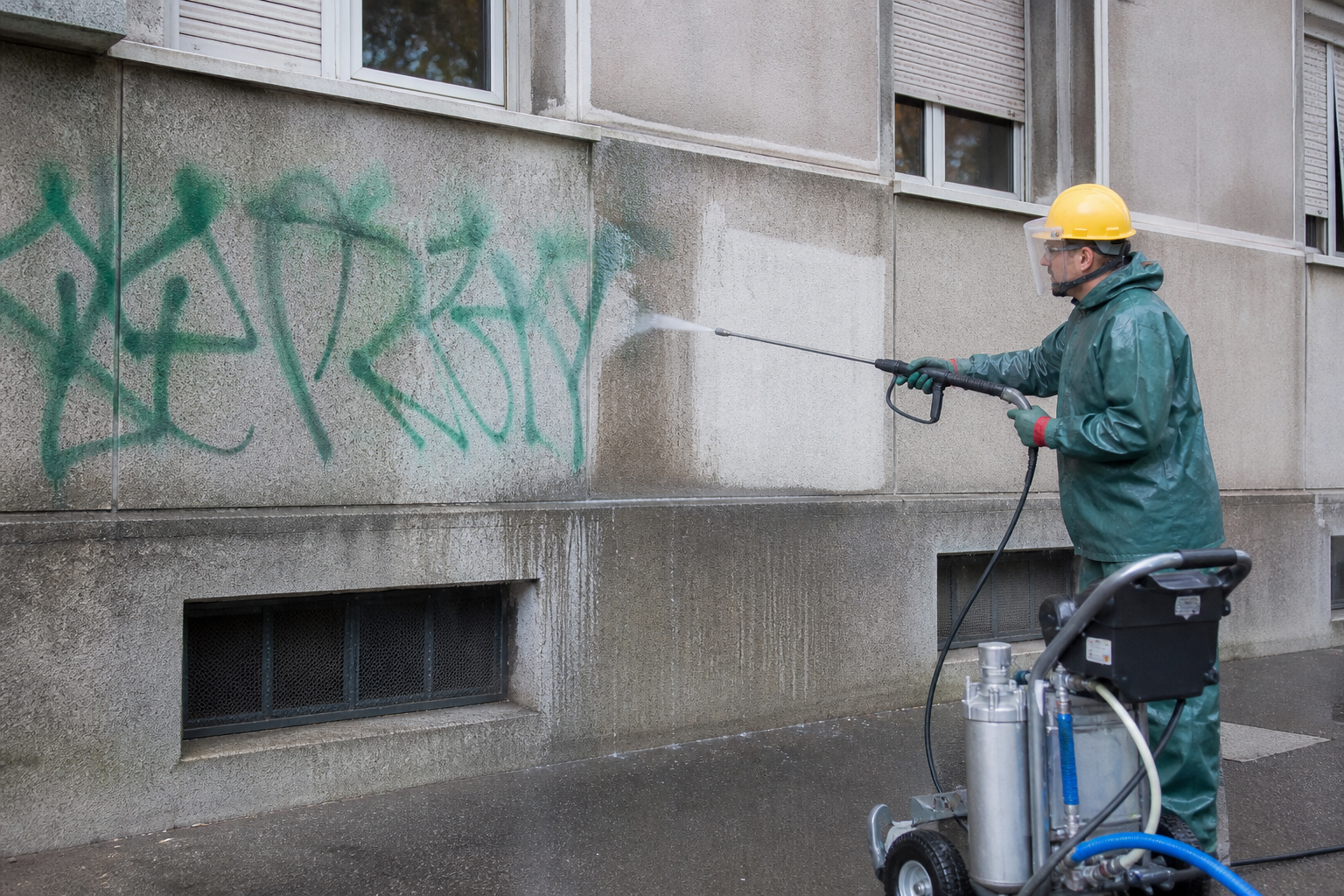 Skidanje grafita visokim pritiskom sa fasade zgrade